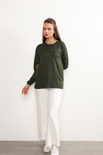 ziend fashion Khaki Women's Combed Cotton Blouse - Lycra, Button Pattern, Elastic Sleeve, for 4 Seasons