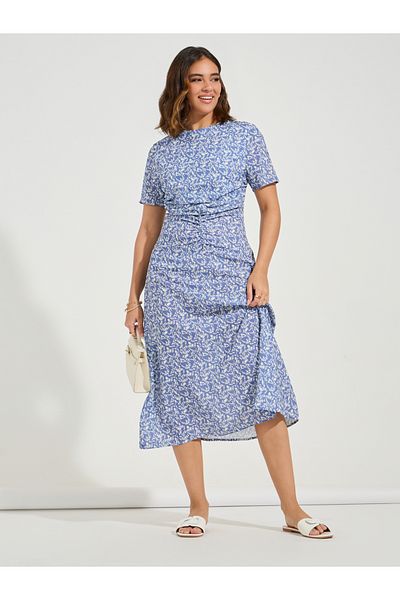 Luxewave By Styli AOP Ruched Round Neck Midi Dress