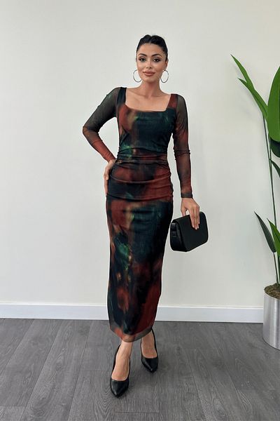 giyimmasalı Tulle Fabric Square Collar Gather Detailed Dress - GREEN