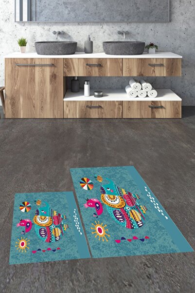 EY HOME με τύπωμα Πλενόμενο αντιολισθητικό σετ τουαλέτας με πολύχρωμο σχέδιο ελέφαντα διπλό χαλάκι μπάνιου