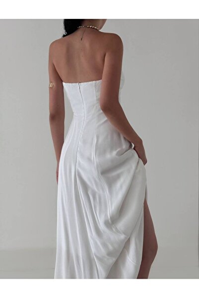 LOCH BUTİK Λευκό Maxi Viscose Στράπλες Γυναικείο Φόρεμα