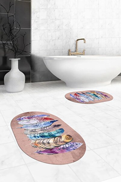 EY HOME Ψηφιακό πλενόμενο αντιολισθητικό πολύχρωμο έθνικ σχέδιο με φύλλα διπλό χαλί μπάνιου οβάλ σετ τουαλέτας