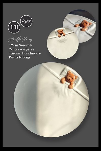 Anadolu Saray White Ceramic 19cm Sweet Handmade Cake Plate - Lying Bear Shaped Breakfast