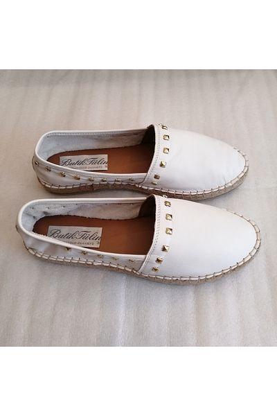 Butik Tülin Women's Genuine Cowhide White Gold Riveted Soft Hand Stitching Non-Slip Rubber Mesh Sole Espadrille