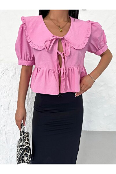 BEJNA Pink Balloon Sleeve Cotton Poplin Women's Blouse - Bow Detail