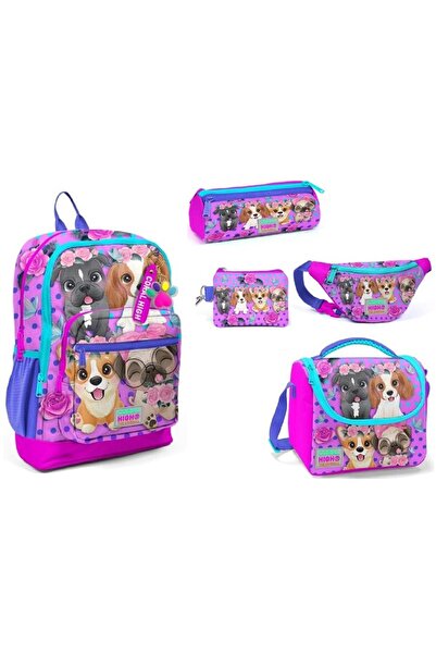 Coral High Yavru Köpekler Desenli Kız Çocuk İlkokul Çanta Seti-Beş Parçalı Set