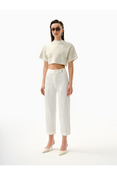 KNTLGY White Double-breasted Belted Carrot Cut Women's Trousers