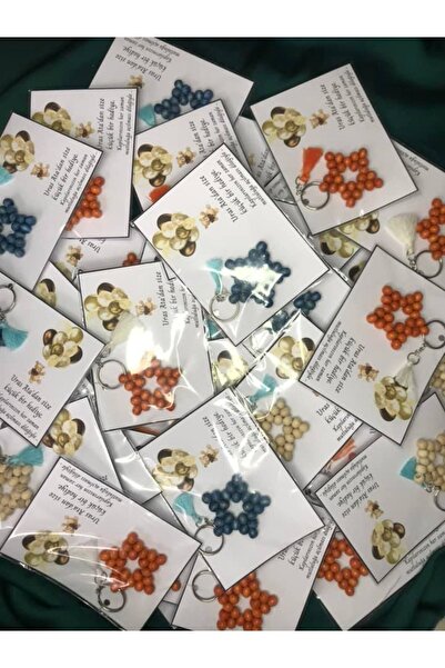 Ses 8mm Ahşap Boncuk Hediyelik Püsküllü Yıldız Anahtarlık - 30 Adet