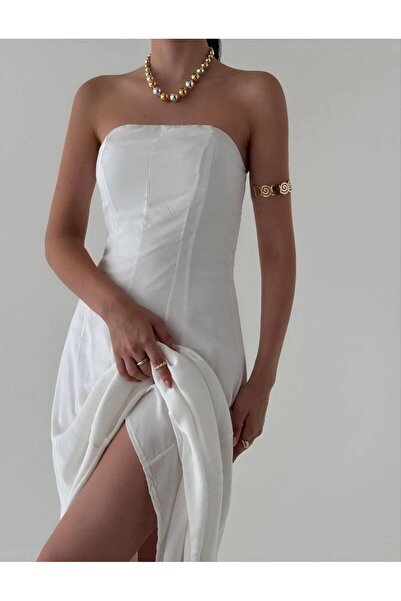 LOCH BUTİK Λευκό Maxi Viscose Στράπλες Γυναικείο Φόρεμα