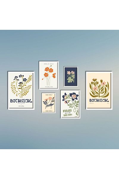 GAAGART Set de 6 picturi din MDF cu rame laminate din lemn Flori botanice
