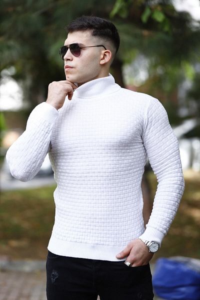 WOWA COMPANY Pulover alb pentru bărbați cu gât tricotat