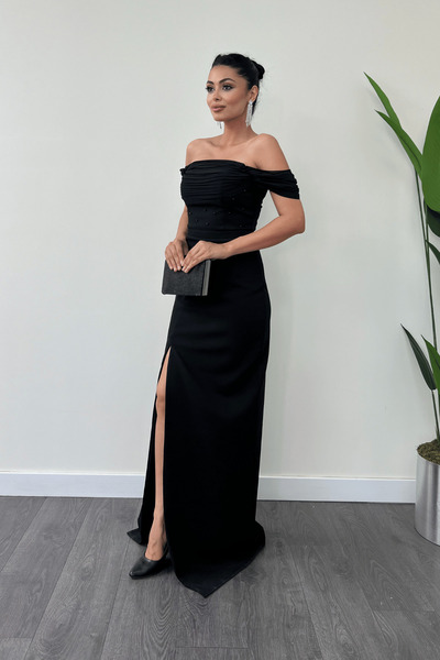 giyimmasalı Atlas Fabric Collar Chiffon Pleated and Pearl Detailed Dress - BLACK