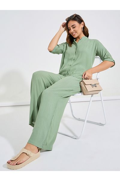 Styli Textured Boxy Shirt & Wide Leg Pants Co-Ords