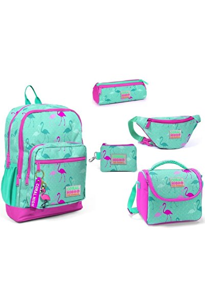 Coral High Yeşil/Pembe Turnalar Kız Çocuk İlkokul Çanta Seti - Beş Parçalı Set