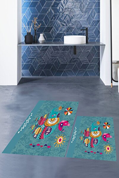 EY HOME με τύπωμα Πλενόμενο αντιολισθητικό σετ τουαλέτας με πολύχρωμο σχέδιο ελέφαντα διπλό χαλάκι μπάνιου