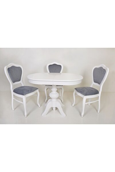 Meser Mobilya Pera Oval Beyaz Baba Ayak Mutfak Masa/urla Beyaz Gri Sandalye M...