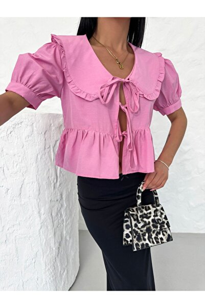 BEJNA Pink Balloon Sleeve Cotton Poplin Women's Blouse - Bow Detail