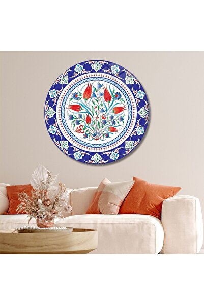 GAAGART Yuvarlak Temperli Gerçek Cam Tablo Kırmızı Laleli Çini Desenli