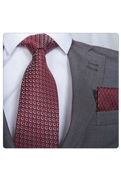 Exve Exclusive Elegant Burgundy Black Circular Patterned Necktie and Cardboard Handkerchief Set - Ready to Use