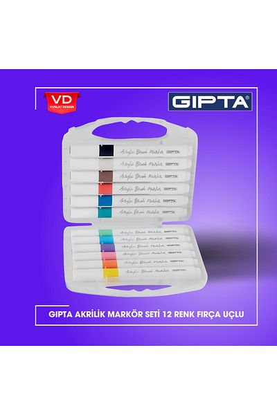 Gıpta 12 Pieces Acrylic Marker Pen Set - Brush Tip, Box with Bag