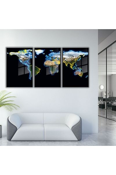 GAAGART Set of 3 Metal Framed Glass Painting Neon World Map