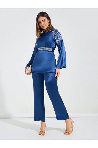 Styli Embroidered Panel Belted Top & Pants Co-Ords