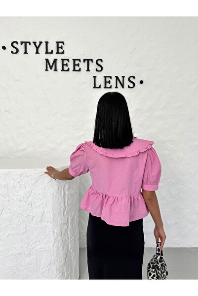 BEJNA Pink Balloon Sleeve Cotton Poplin Women's Blouse - Bow Detail