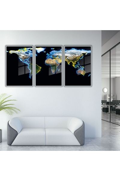 GAAGART Set of 3 Metal Framed Glass Painting Neon World Map