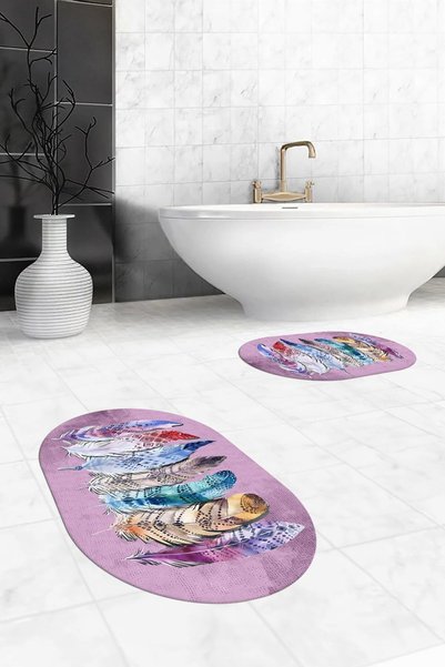 EY HOME Digital Washable Non-Slip Colorful Ethnic Leaf Pattern Double Bathroom Rug Oval Toilet Set