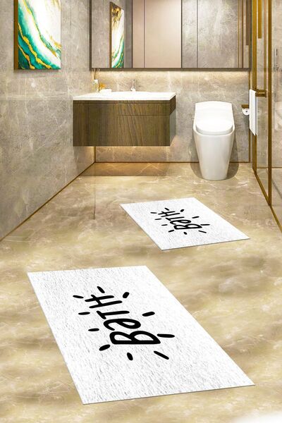 EY HOME Set de scaune de toaletă cu covor de baie dublu, lavabil, imprimat, KLOZET-9-ALB,