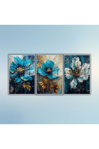 GAAGART Set de 3 picturi pe cadru metalic din sticlă, vopsea în ulei, texturată, floare albastră