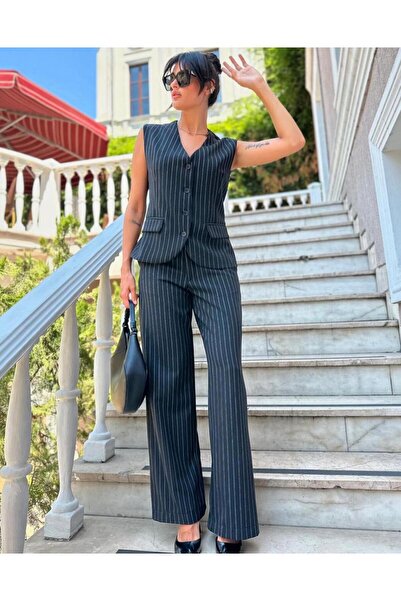 My Blog Polyviscon fekete csíkos mellény és nadrág szett