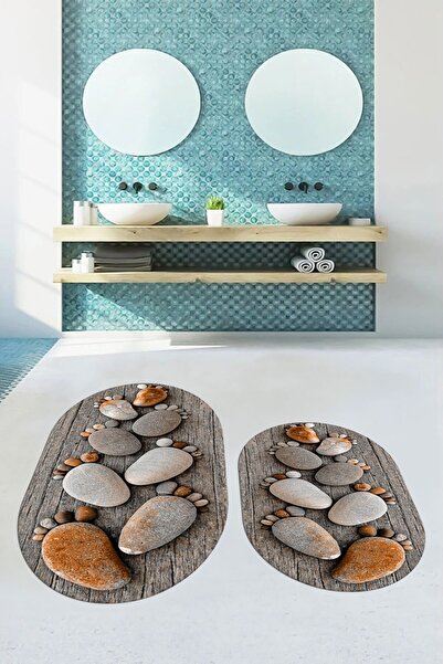 EY HOME Σετ τουαλέτας με διπλό οβάλ χαλάκι μπάνιου με αντιολισθητικό μοτίβο 3D ψηφιακό που πλένεται