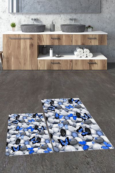 EY HOME Set de scaune de toaletă pentru covor de baie dublu, lavabil digital 3D, KLZT-44-BLUE,