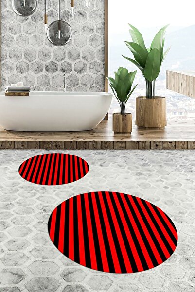 EY HOME Digital Washable Non-Slip Striped Modern Double Bathroom Mat Round Toilet Set