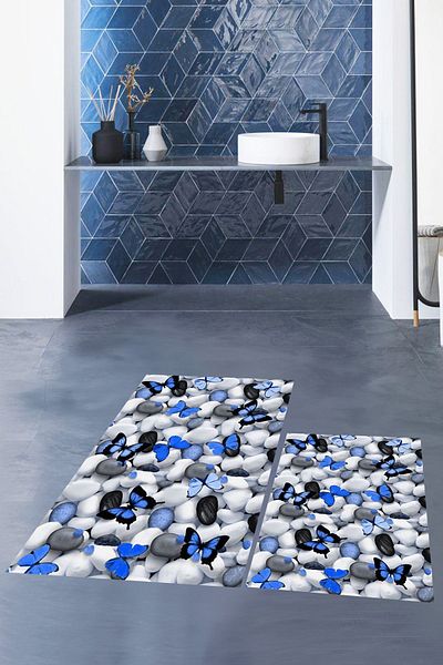 EY HOME Set de scaune de toaletă pentru covor de baie dublu, lavabil digital 3D, KLZT-44-BLUE,
