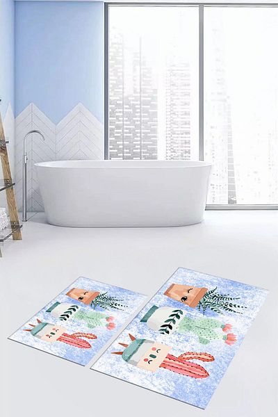 EY HOME Set de scaune de toaletă dublu, lavabil, imprimat, colorat, cu model de cactus, KLOZET-24-ALBASTRU,