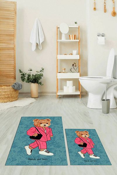 EY HOME Set de scaun de toaletă cu covor de baie dublu, lavabil, imprimat digital, KLZT-34-ALBASTRU,