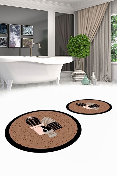 EY HOME Ψηφιακό πλενόμενο αντιολισθητικό σετ τουαλέτας με μοτίβο λουλουδιών κάκτου διπλό στρογγυλό χαλάκι μπάνιου