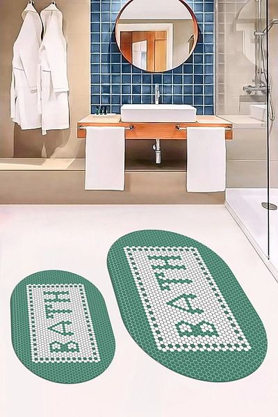 EY HOME Set de scaun de toaletă cu covoraș de baie oval dublu scris pentru baie cu model mozaic imprimat digital, OKLZT-7-GREEN,