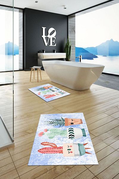 EY HOME Set de scaune de toaletă dublu, lavabil, imprimat, colorat, cu model de cactus, KLOZET-24-ALBASTRU,