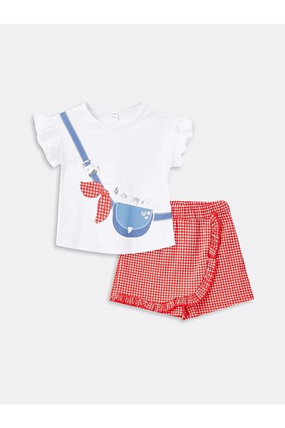 LC Waikiki LCW Baby - طقم بلوزة وشورت مطبوع برقبة دائرية للفتيات الصغيرات مكون من قطعتين