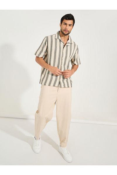 Styli Yarn Dyed Stripe Resort Collar Relaxed Shirt