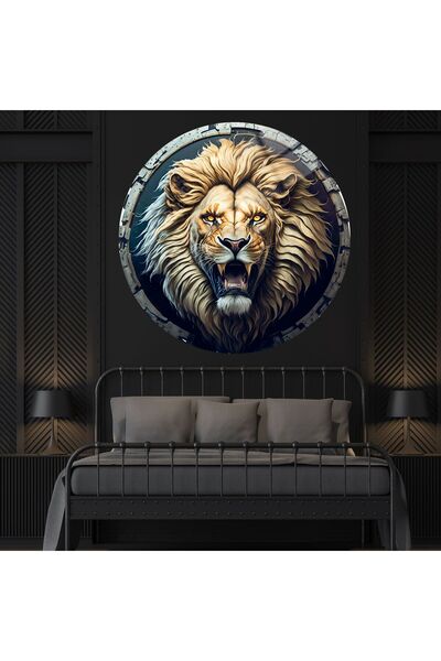 GAAGART Yuvarlak Temperli Gerçek Cam Tablo Kükreyen Aslan Portresi