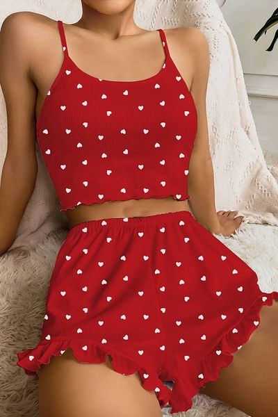 AURA Red Strappy Pajama Set with Mini Shorts - Love Ribbed Heart Camisole