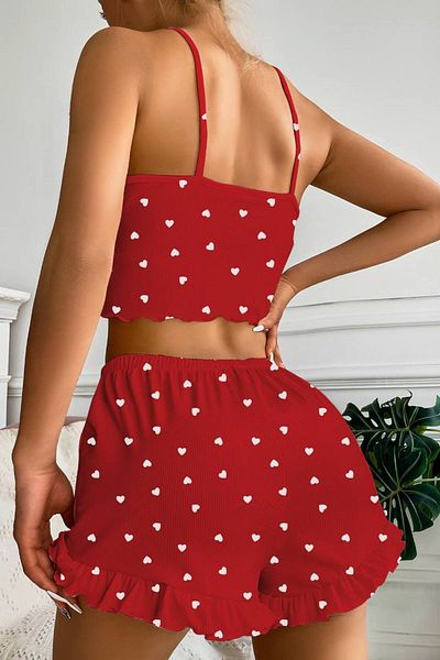 AURA Red Strappy Pajama Set with Mini Shorts - Love Ribbed Heart Camisole