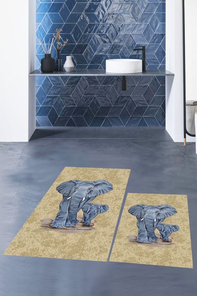 EY HOME Digital Washable Non-Slip Modern Elephant Pattern Double Bathroom Rug Mat Toilet Set