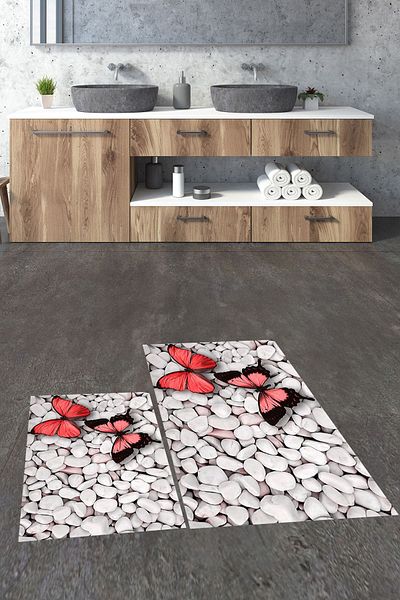 EY HOME Set de scaune de toaletă cu model de fluturi 3D, lavabil, ștergabil, dublu, covor de baie, KLOZET-45-RED,
