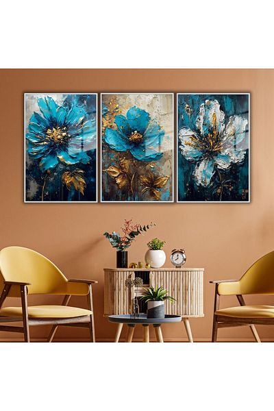 GAAGART Set de 3 picturi pe cadru metalic din sticlă, vopsea în ulei, texturată, floare albastră