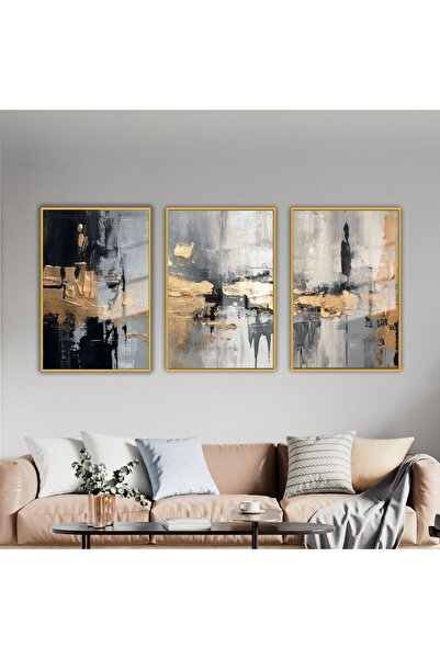 GAAGART 3'lü Metal Çerçeveli Cam Tablo Seti Soyut Siyah Gold Desen